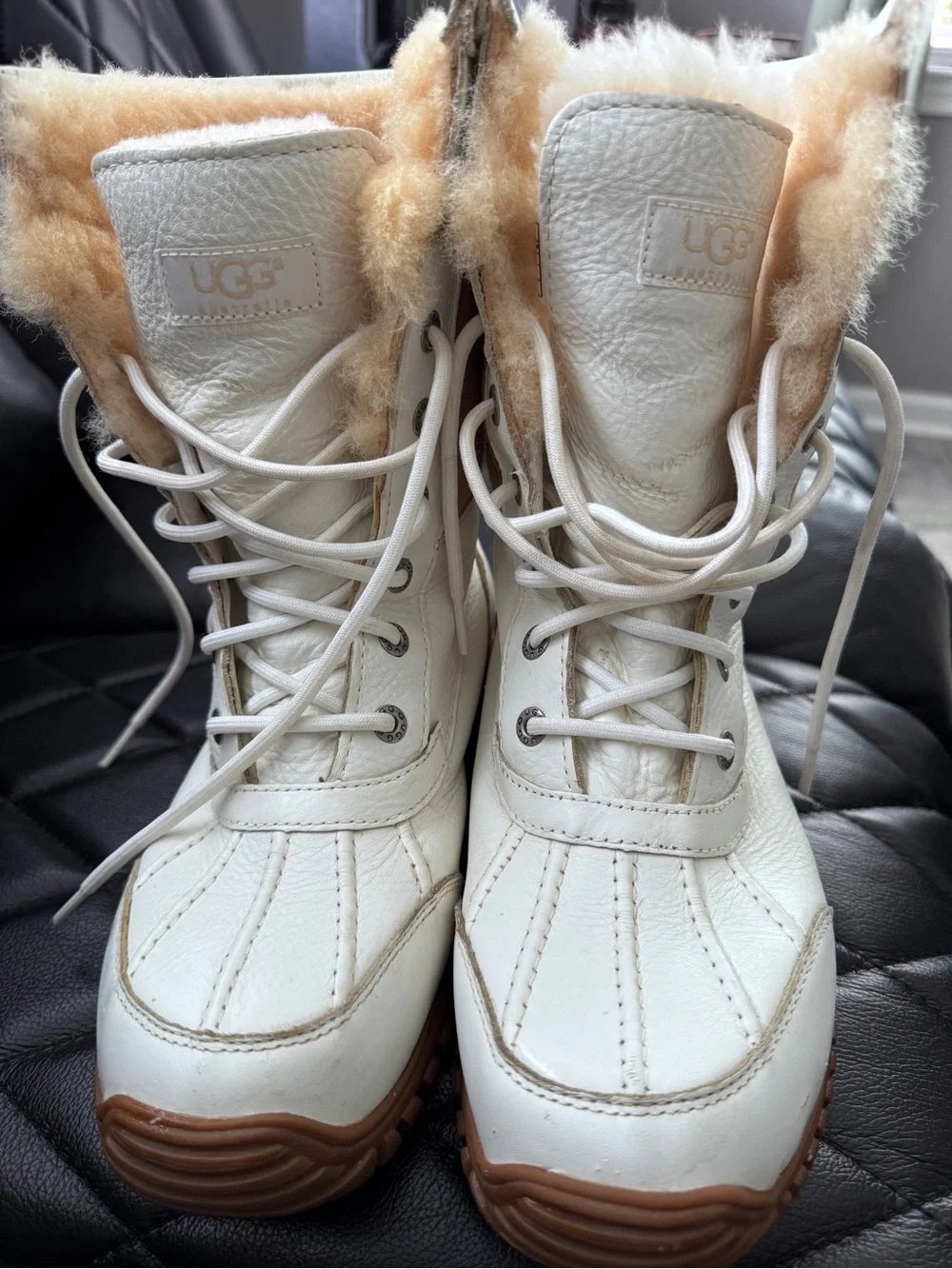 UGG Women's White Leather Lace-Up Winter Boots with Shearling Trim